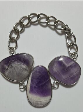 Amethyst Stone Bracelet Silver Tone Chunky Chain Boho Statement Jewelry